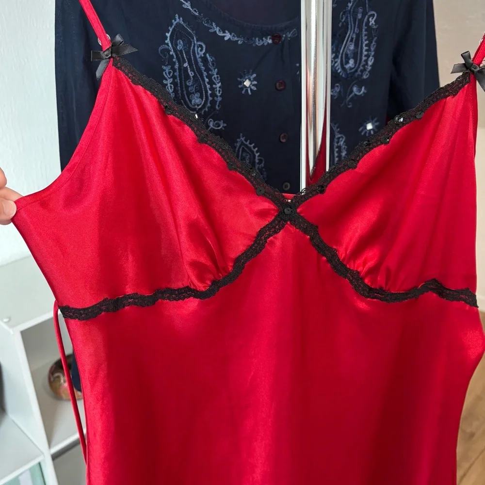 vtg California Dynasty red satin slip dress with lacey trim size large